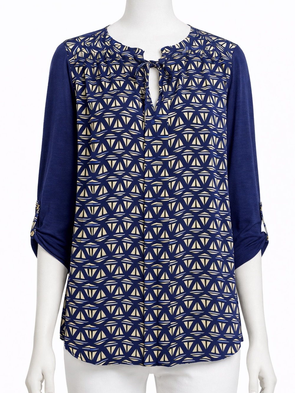 Meadow Rue Cobalt Blue Geometric Print Roll Tab Blouse XS